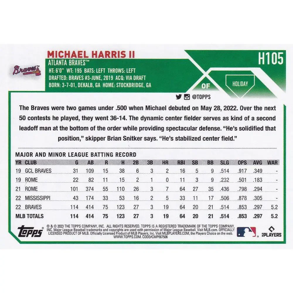2023 Topps Holiday Michael Harris II ASR, RC H105 Atlanta Braves